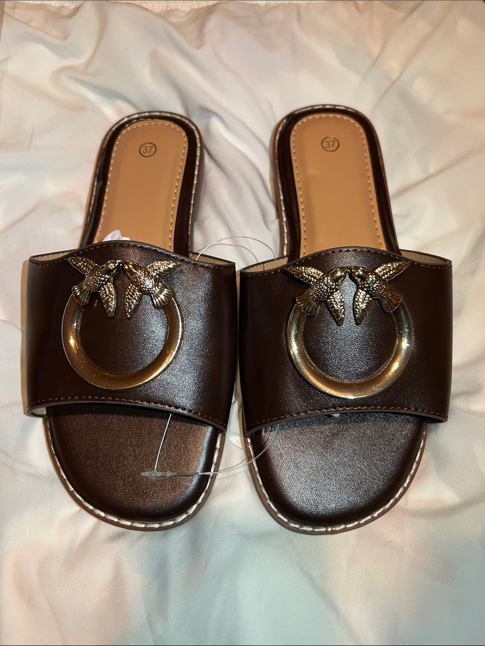 Leather Brown Slide Sandals with Gold Ring Accent